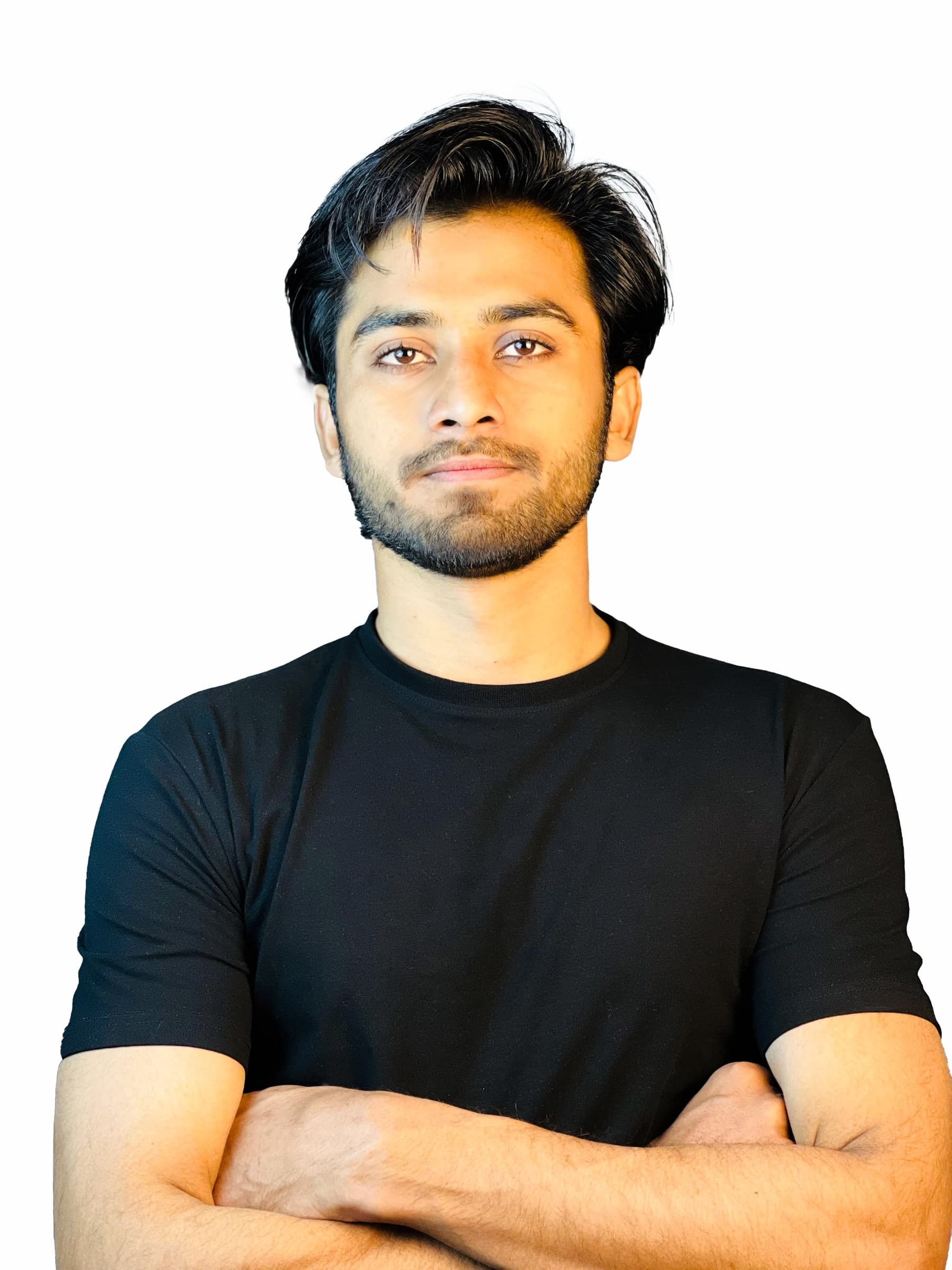 Junaid Umer, arms crossed, in a black t-shirt